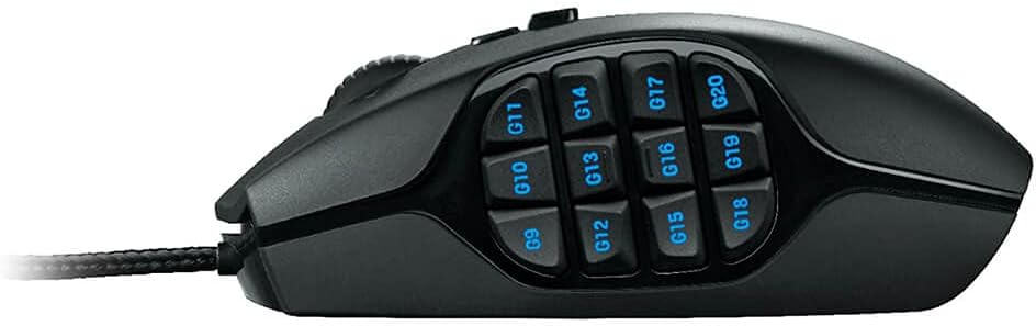 సైడ్ ప్రోfile of the Logitech G600 MMO Gaming Mouse, clearly displaying the arrangement of the 12 G-keys on the thumb panel.