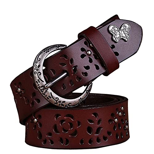 Karoukee Ladies Hollow Flower Belt for Jeans Casual Pants Elegant Vintage Women Leather Belt with Carved Buckle Fashion Accessories (Coffee), Suitable for waist size 30inch-34inch (BT-002)