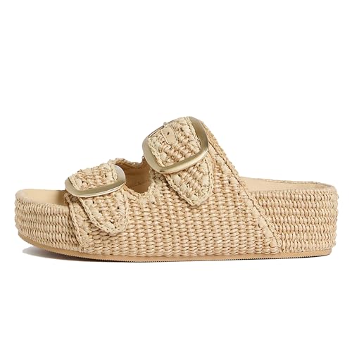 Arqa Raffia Platform Sandals for Women Open Toe Natural Straw Footbed Slides Comfortable Casual Adjustable Buckle Strap Woven Flatform Sandal Summer Beach Wedge Heel Slippers
