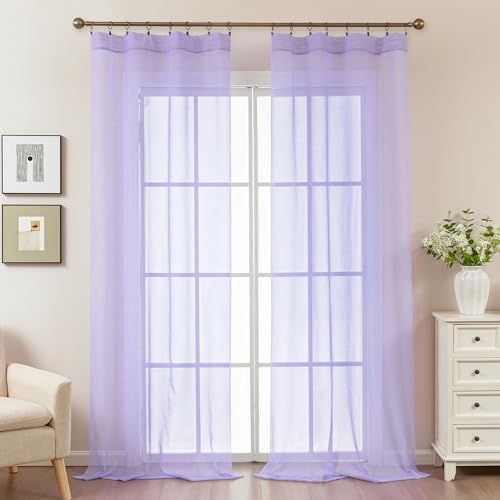 Image of Purple Sheer Curtains 108 Inches Extra Long, Privacy Semi Sheer Curtains for Living Room Bedroom, Light Filtering Rod Pocket Voile Window Drapes 2 Panels Set, Each 42 inch W x 108 inch L