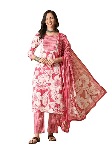 Image of Amazon Brand - Tavasya Women Cotton Anarkali Kurta Pant Dupatta Set | Printed Ethnic Suit Set | Flared Anarkali Kurta with Pant & Dupatta | Festive & Casual Wear