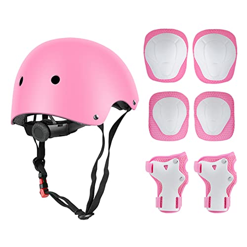 Knieschoner Kinder 7 in 1 Set mit Helm, Waysroma Schutzausrüstung Kinder Knieschützer Ellbogenschützer Armschienen Set Skate Protektorenset für Skateboard Radfahren Roller Skating Hoverboard (Rosa) Cover