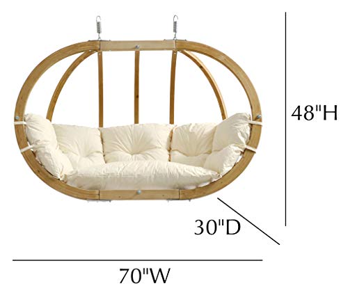 BYER OF MAINE Globo Royal Double Chair, Spruce Wood, Weatherproof, Waterproof, Agora Outdoor Fabric Cushion, Two Person, 70\" W x 48\" h x 30\" D, Holds Up to 440lbs, Natural