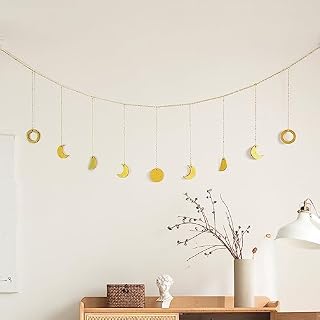 YPLonon Boho Moon Phase Wall Hanging 130cm Moon and Star Wall Garland Gold Boho Wall Decor with Chains Moon Hang Art Room Decor Lunar Phase Ornaments for Bedroom Living Room Bed Sofa