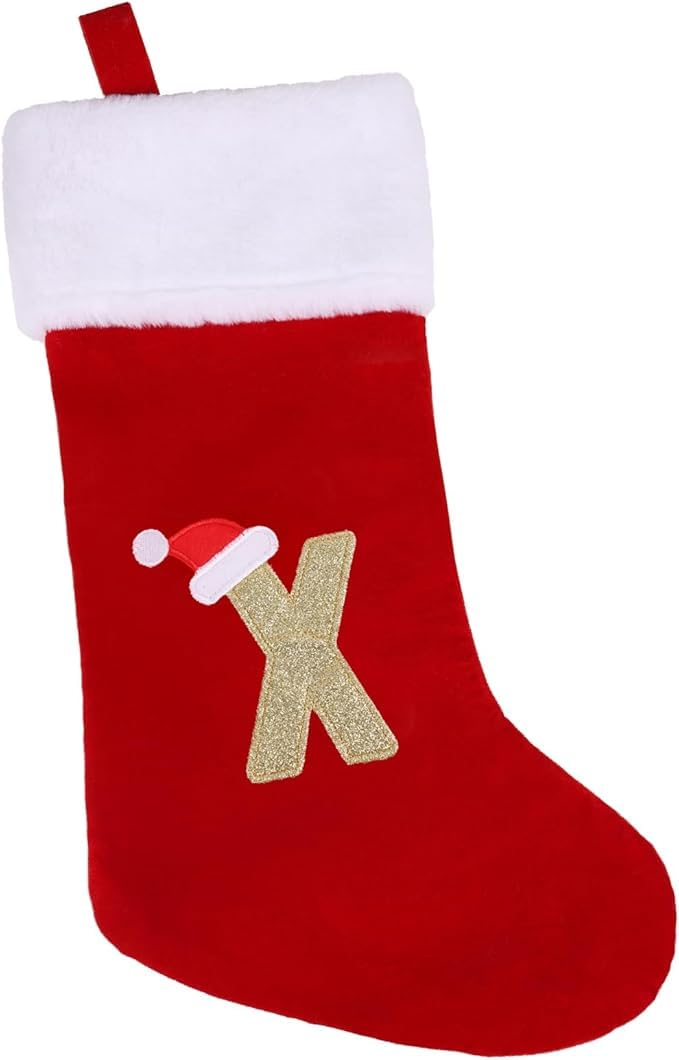 VEYLIN 20 Inch Christmas Stockings with Letters, Plush Christmas Stockings Large Embroidered Stockings Christmas Stockings for Kids/Adult Red Letter(X)