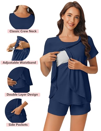 Image of Ekouaer 3 PCS Maternity Nursing Pajamas Set Postpartum Breastfeeding Short Sleeve Shirts, Pregnancy Shorts & Pants Pjs S-XXL