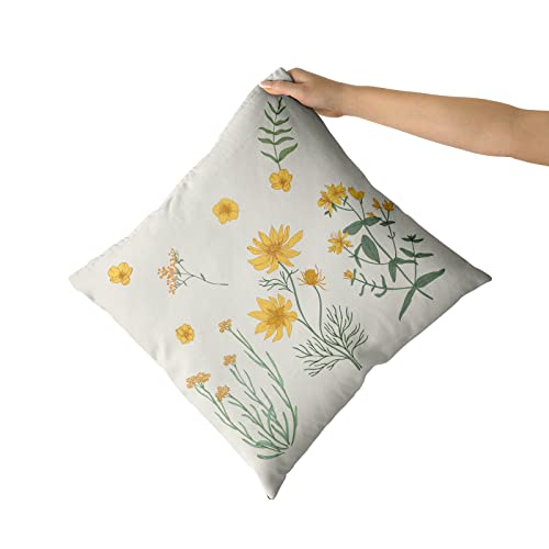 Floral Pillow Covers 18X18 Set Of 2 Cute Botanical Print Vintage Yellow Sage Green Flower Leaves Decorative Throw Pillows Spring Summer Pillowcase Cotton Square Cushion Cover Decor For Couch Bed Soft #TOP2