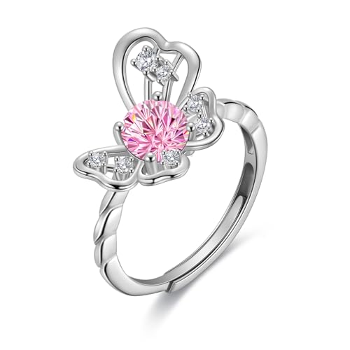 Aurora Tears Birthstone Butterfly Ring - 925 Sterling Silver Firework-Cut Pink Tourmaline Anniversary Engagement Promise Adjustable Ring Birthday Jewelry Gift for Women Wife Daughter October DR0165O