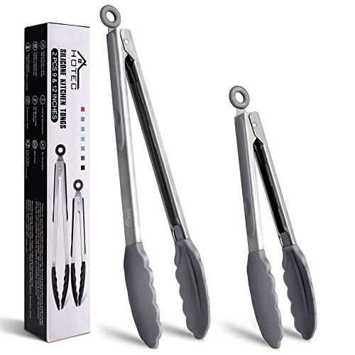 HOTEC Premium Stainless Steel Locking Kitchen Tongs with Silicon Tips, Set of 2-9" and 12" Light Grey, 2pack:light Grey, 12+9inch