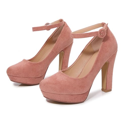 Women'S Suede Platform Ankle Strap Chunky High Heel Pumps,Fashion Vintage Closed Round Toe Dress Heels,for Wedding Party Formal