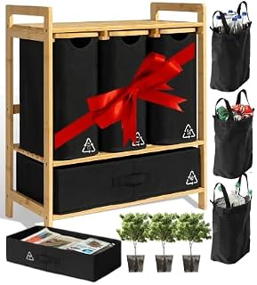 4 Section Recycling Bin for Kitchen – Dual Trash and Recycle Bins for Paper, Plastic, Cans – Indoor Bamboo Recycling Organizer – Decorative Wooden Recycle Bins for Kitchen & Office