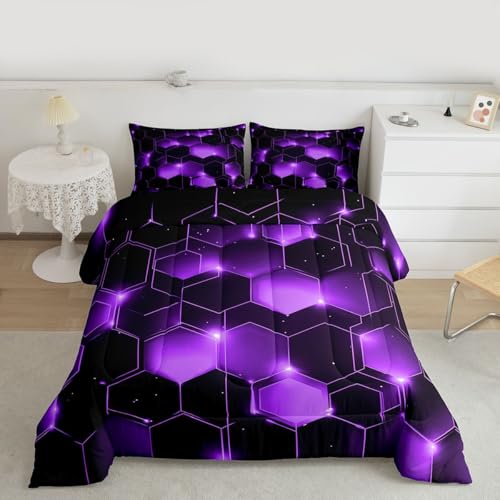 Image of Feelyou Geometrics Honeycomb Comforter Set King Size, Purple Black Beehive Hexagon Comforter for Kids Toddler Geometrical Bedding Set Hexagonal Geometrical Duvet Set Durable Quilt Set King Size
