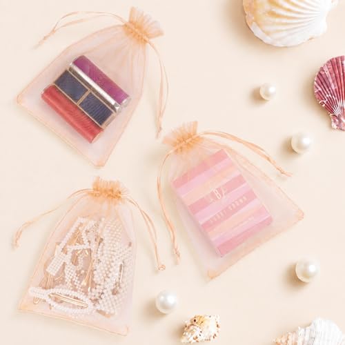 Image of ANZNKU 100 Pack Peach Organza Bags 5x7 In, Small Mesh Gift Bags Bulk with Drawstring for Jewelry Candy Sachet Soap, Goodie Pouches for Wedding Baby Bridal Shower & Birthday Party Favors