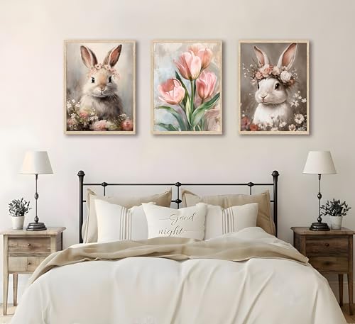 Image of FJKLRP 3pcs Pink Bunny Canvas Prints Wall Art 12x16 inches Unframed