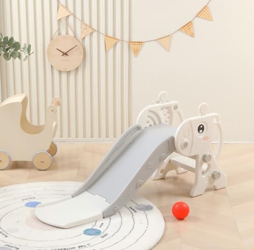 Toddler Slide, Baby's First Slide with Basketball Hoop, Free Standing Slide for Kids (Grey)