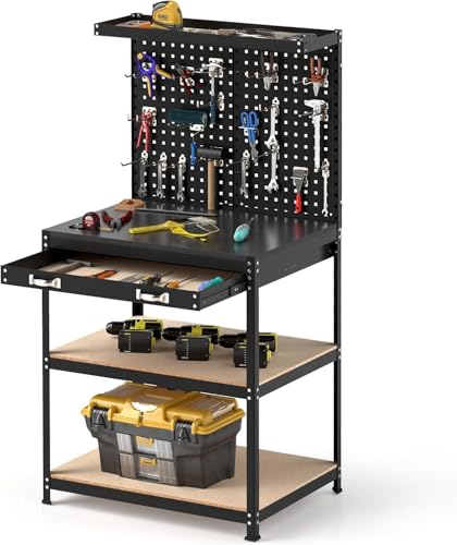 Banco de trabajo resistente con tablero de clavijas y estantes, mesa de almacenamiento de herramientas de metal para taller y garaje, banco de trabajo ideal con accesorios, diseño duradero negro y