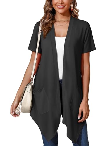 Image of Women's Lightweight Open Front Cardigans Short Sleeve Casual Soft Sheer Cardigan S-2XL with Pockets