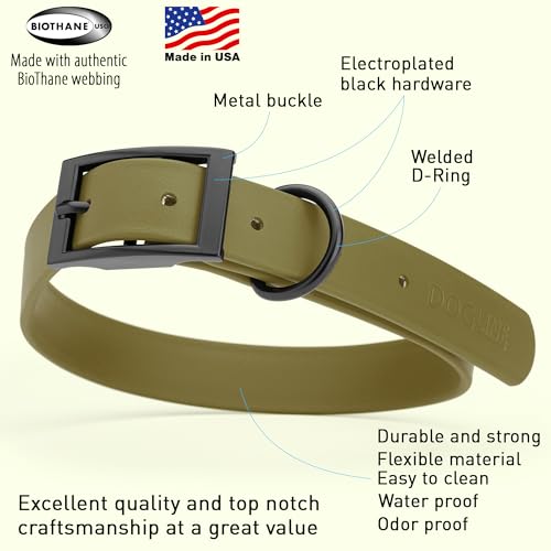 Image of Dogline Biothane Waterproof Dog Collar Strong Coated Nylon Webbing with Black Hardware Odor- Proof for Easy Care Easy to Clean High Performance Fits Small Medium or Large Dogs, Olive Drab Green