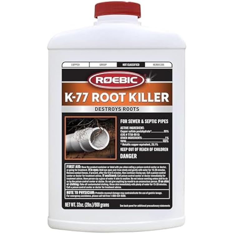 Roebic K-77 Granular Tree Root Killer, Chemical Septic System, Drain Field and Sewer Line Pipe Clog Remover and Root Destroyer, Safe for Bathroom Toilet, 32 oz