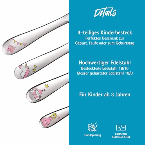 Miniatura 3 de Gräwe Princesa - Cubertería Infantil De Acero Inoxidable, 1 Set De 4 Piezas, Tenedor, Cuchara, Cuchillo Y Cuchara Pequeña Para Niños A Partir De 3 Años, Paquete De Regalo