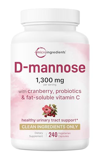 Micro Ingredients D Mannose 1 300mg Per Serving with Cranberry | 240 Veggie Capsules + Fat-Soluble Vitamin C & 1 Million CFU Probiotics Blend | Daily D Mannose Formula for Women | Filler Free Non-GMO