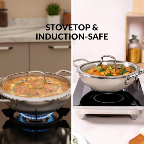 Image of Nestasia Triply Stainless Steel Honeycomb Kadai with Glass Lid 24 cm (3L) - Non Stick Kadhai with Air Vent Lid for Healthy Cooking | Induction & Gas Stove Friendly, Even Heating, Less Oil Use