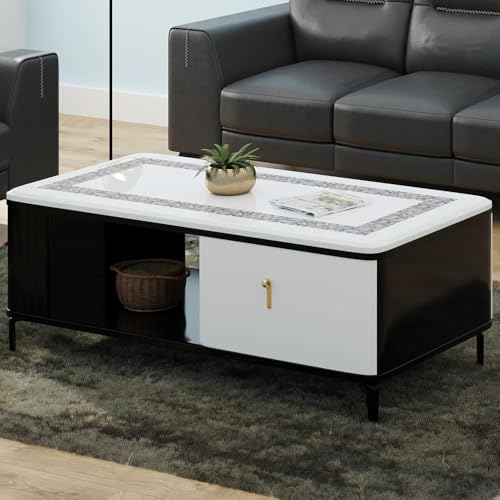 Image of Royaloak Miami American Marble Center Table for Living Room | Art Marble Metal Legs | High Reflective Finish | Telescopic Channel | Drawer Storage | Marble Top