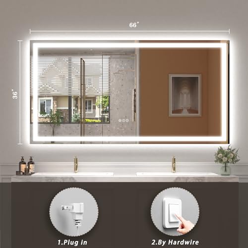 Image of LED Lighted Mirror 66x36 for Bathroom Wall Mounted, Dimmable Vanity Mirror with Lights, Anti-Fog, ETL Listed (Backlit and Front Lighted)