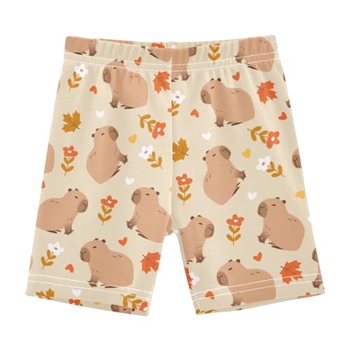 Cute Capybara with Autumn Floral Girls Shorts Elastic Waist Sports Shorts Girls Leggings Pants for 4-10 Years