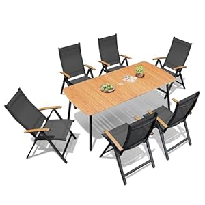 Crestlive Products 7 Pieces Outdoor Dining Set for 6, Patio Table and Folding Dining Chairs with Teak Armrest 70in Aluminum Table with Umbrella Hole Foldable Adjustable High Back Patio Chairs, Brown