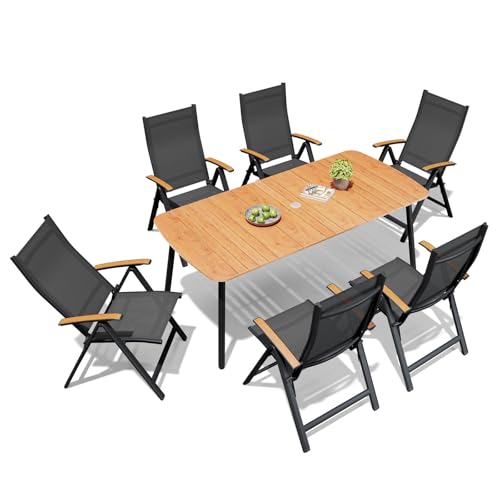 Crestlive Products 7 Pieces Outdoor Dining Set for 6, Patio Table and Folding Dining Chairs with Teak Armrest 70in Aluminum Table with Umbrella Hole Foldable Adjustable High Back Patio Chairs, Brown