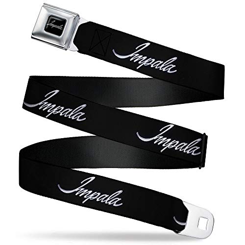 Image of Buckle-Down Seatbelt Belt - IMPALA Script Emblem Black /Silver - 1.0 inch Wide - 20-36 Inches in Length