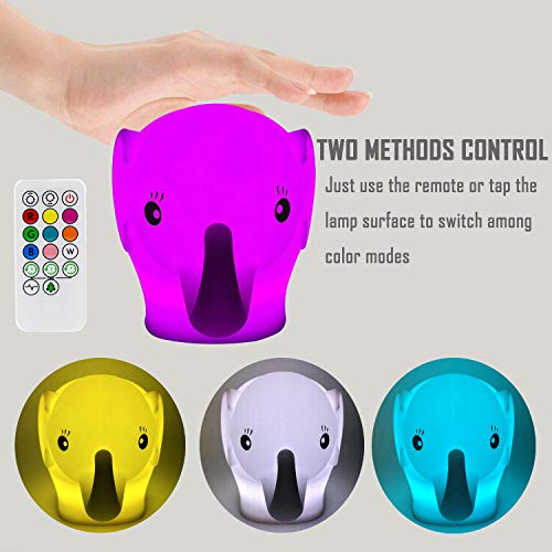 Image of Night Light Kids with Cute Elephant Design Children's Room LED Bedside Lamp with Changeable RGB Colors Rechargeable Night Light Compatible with Touch-Control & Remote Control - Elephant