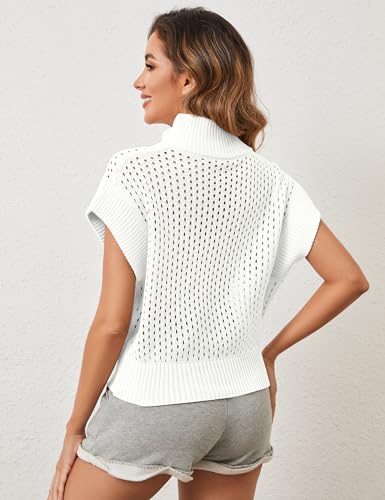 Image of Womens Spring Cap Sleeve Crochet Sweaters Loose Fit Quarter Zip Lightweight Hollow Out Beach Vacations Clothes