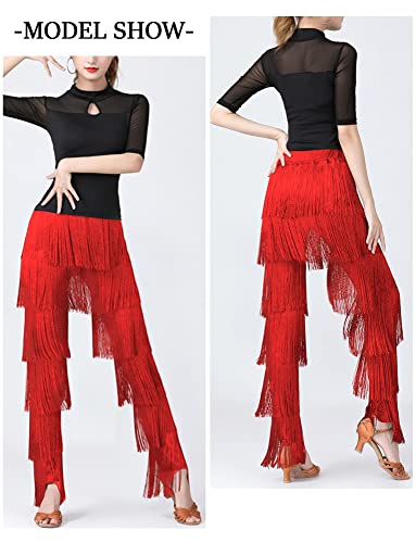 AIEOE Latin Hose für Frauen mit Quaste für Profi Erwachsene Fransen Rumba Tango Größe S Rot