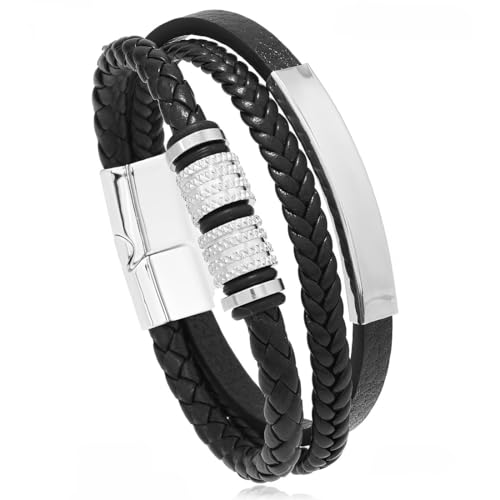 JYNXOR Braccialetto Uomo In Pelle, Bracciale Uomo Personalizzato Nero, Bracciale Uomo Cuoio 21cm, Braccialetti Papà Regalo Uomo Gioielleria, Idea Regalo Per Lui Festa Del Papà Natale Compleanno