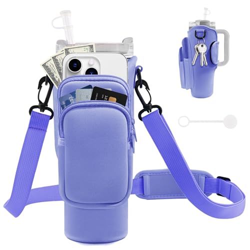 Image of Water Bottle Carrier Bag with Phone Pocket for Stanley Cup 40 /30 oz, Water Bottle Holder with Adjustable Strap& Straw Cover, Stanley Cup Accessories (Violet)
