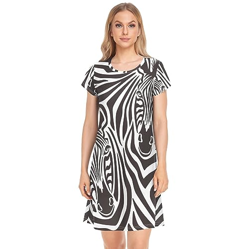 YOUJUNER Damen-Nachthemd mit Tiermotiv, Zebramuster, kurzärmelig, Nachtwäsche, Loungewear, T-Shirt-Kleid, mehrfarbig, 46