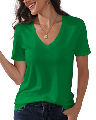 PALINDA Womens Classic Fit T Shirts Short Sleeve V Neck Casual Cotton Tee Shirt Summer Tops (Kelly Green M)