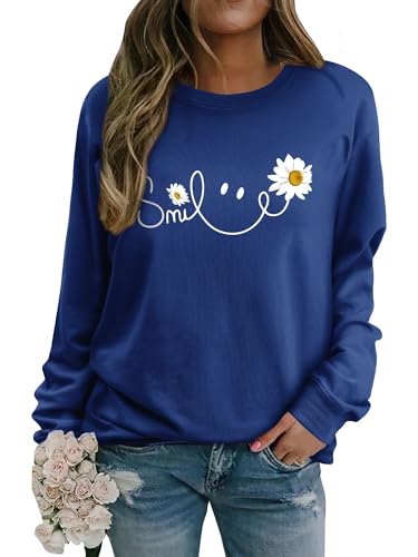 Yihelian Damen Sweatshirt mit Gänseblümchen Muster Weicher Rundhals Pullover aus Baumwolle Lässiges Blumen Shirt Bequemes Frauen Oberteil