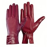 Tomily Women's Winter Leather Gloves,Touch Screen Outdoor Fleece Lined Windproof Driving Dress Gloves (Wine Red, One Size)