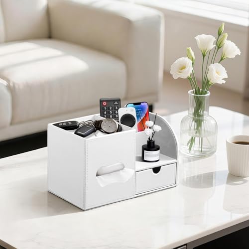 Leather Nightstand Organizer with Tissue Holder,White Square Tissue Box Cover with Organizer, Decorative Modern Facial Paper Storage Box for Bathroom Living Room Vanity Table Countertop Office by YAPISHI - Image 2