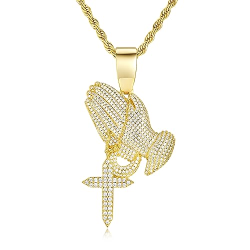 Iced Out Praying Hands with Cross Pendant Necklace Chain 14K Gold White Gold Plated Religious Christian Serenity Prayer Jewelry for Men Women