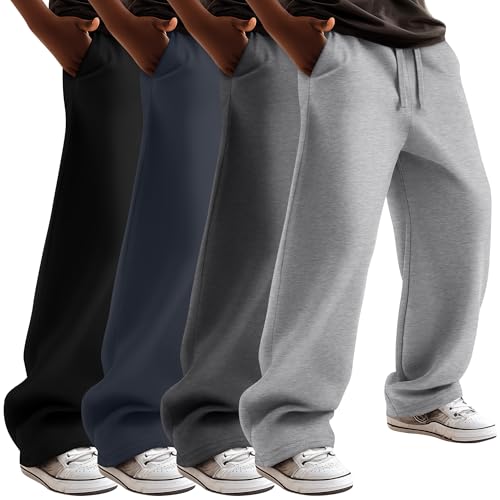 Oakgarden 4 Pack Boy's Wide Leg Sweatpants Baggy Elastic Pants Drawstring Track Pants Open Bottom Joggers with Pockets(Light Gray, Dark Gray, Iron, Black,14-16 Years)