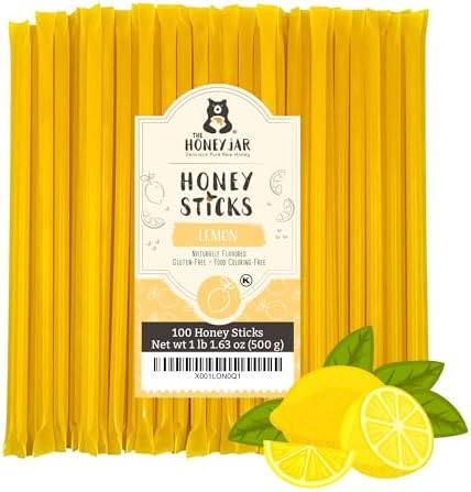 The Honey Jar Lemon Flavored Honey Sticks - Pure Honey Straws For Tea, Coffee, or a Healthy Treat - One Teaspoon of Flavored Honey Per Stick - Made In The USA with Real Honey - (100 Count)