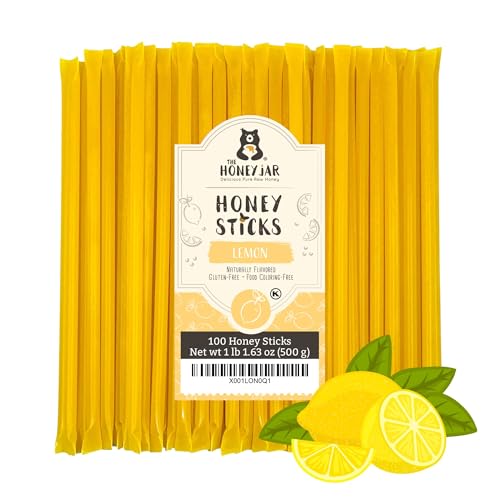 The Honey Jar Lemon Flavored Raw Honey Sticks - Pure Honey Straws For Tea, Coffee, or a Healthy Treat - One Teaspoon of Flavored Honey Per Stick - Made In The USA with Real Honey - (100 Count)