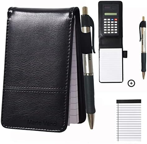 Marte Vanci Mini Pocket Notebook with Calculator and Pen, A7 40 Sheets Quick Notes*2 for Business Trader Shopping Portable Notepads Memo Pad PU Leather Cover Replaceable Ruled Paper