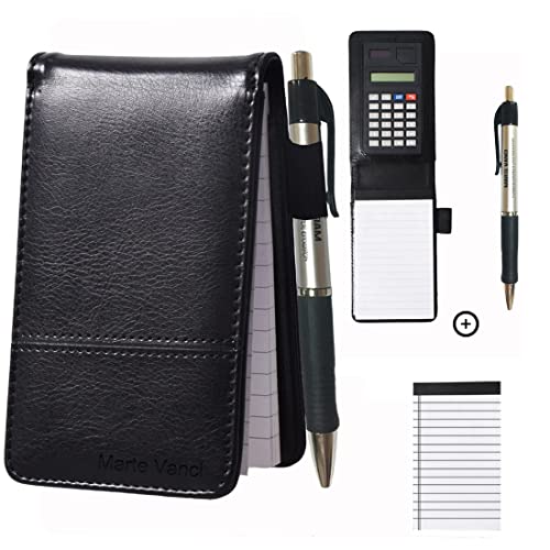 Marte Vanci Bloc de 40 feuilles de notes de poche avec calculatrice et stylo pour les courses, mini bloc-notes, couverture en cuir synthétique, papier ligné remplaçable Cover