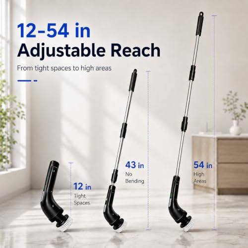 Image of Highyes Electric Spin Scrubber for Bathroom, IPX7 Waterproof Shower Scrubber with Extendable Long Handle, Bathroom Cleaning Scrubber with 7 Reusable Brush Heads (Black)