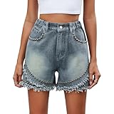 Short de marche pour femme Design classique : short en jean pour femme, avec fermeture éclair et bouton cachés, et poches latérales pratiques pour ranger vos affaires. Short à pointes cloutées pour l'été, ourlet brut, short large taille haute élastique pour femme, ce short hot pants pour femme assure confort et loisirs, à la fois pratique
